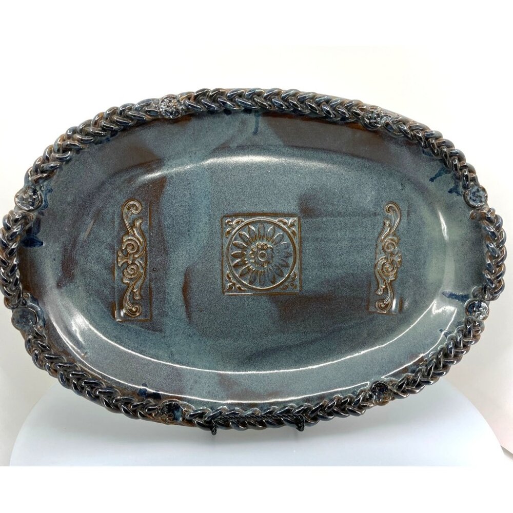 19" x 13" Blue and Brown Glazed Heavy Duty Serving Platter Braided 1" Rim